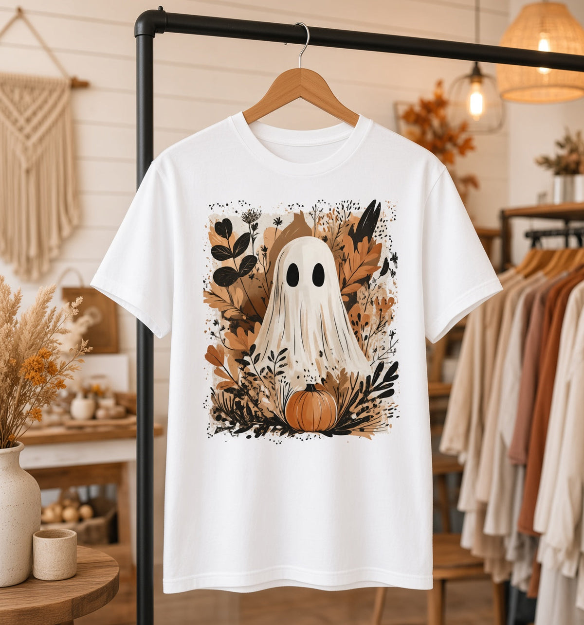Urban Edge Co. Boho Ghost Graphic Tee, casual tops with a spooky ghost design on soft fabric, perfect for boho style outfits.