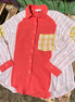 Color block blouse w/ solid, stripes, & plaid multicolored prints in deep coral, mustard & white textured design.