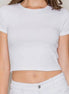 Popular 21 crew neck short sleeve cotton crop top shown on a model, featuring a classic fit and soft fabric for casual wear.