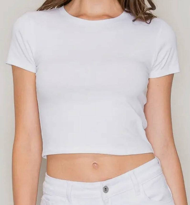 Popular 21 crew neck short sleeve cotton crop top shown on a model, featuring a classic fit and soft fabric for casual wear.