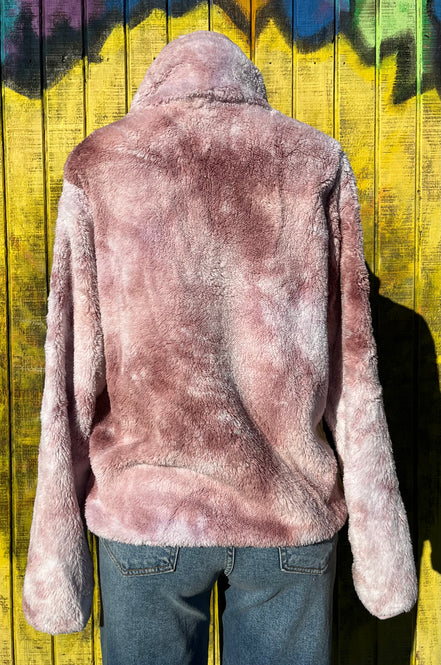 Colorful tie-dye Sherpa jacket from ePretty with a cozy, plush texture and relaxed fit, perfect for casual wear.