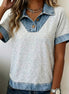 Denim Color Block Patchwork Button Detail Collared Blouse - OG Gilmore Girl 