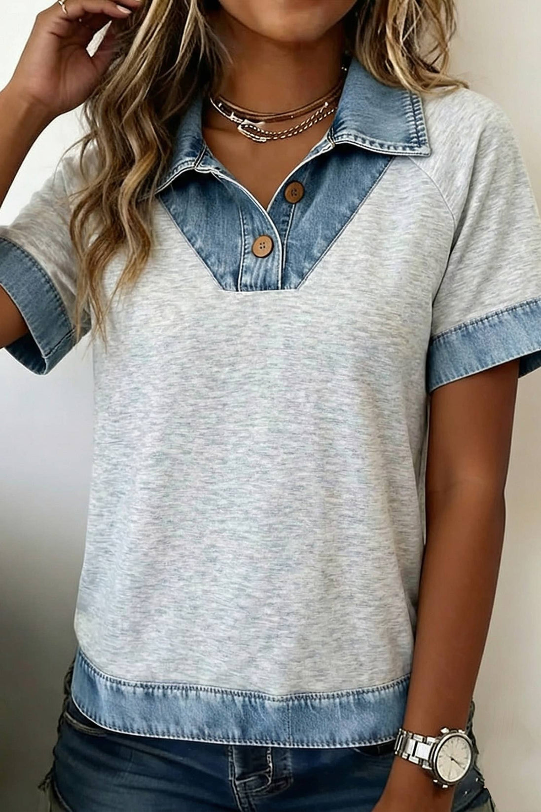 Denim Color Block Patchwork Button Detail Collared Blouse - OG Gilmore Girl 