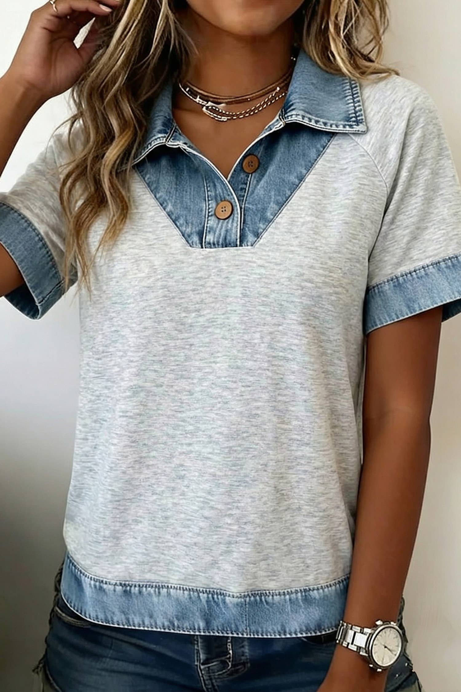 Denim Color Block Patchwork Button Detail Collared Blouse - OG Gilmore Girl 