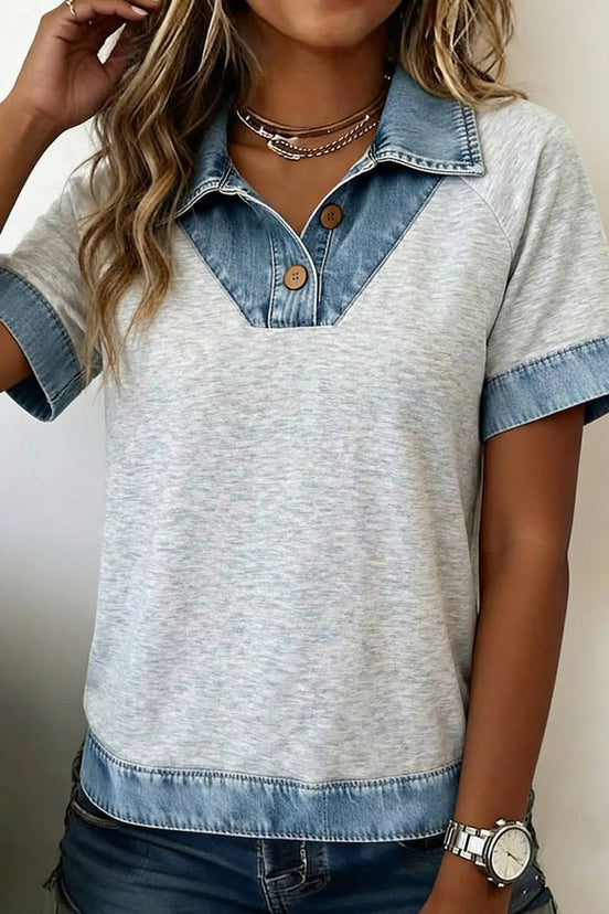 Denim Color Block Patchwork Button Detail Collared Blouse - OG Gilmore Girl 