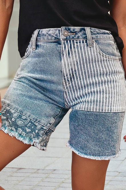 Striped Paisley Mixed Patchwork Raw Hem Denim Shorts - OG Gilmore Girl 
