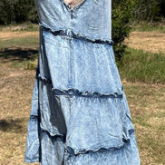 Vanilla Monkey brand. This denim sundress is lightweight, washed denim with ruffle detail and tiered design. S, M, L, XL. $38