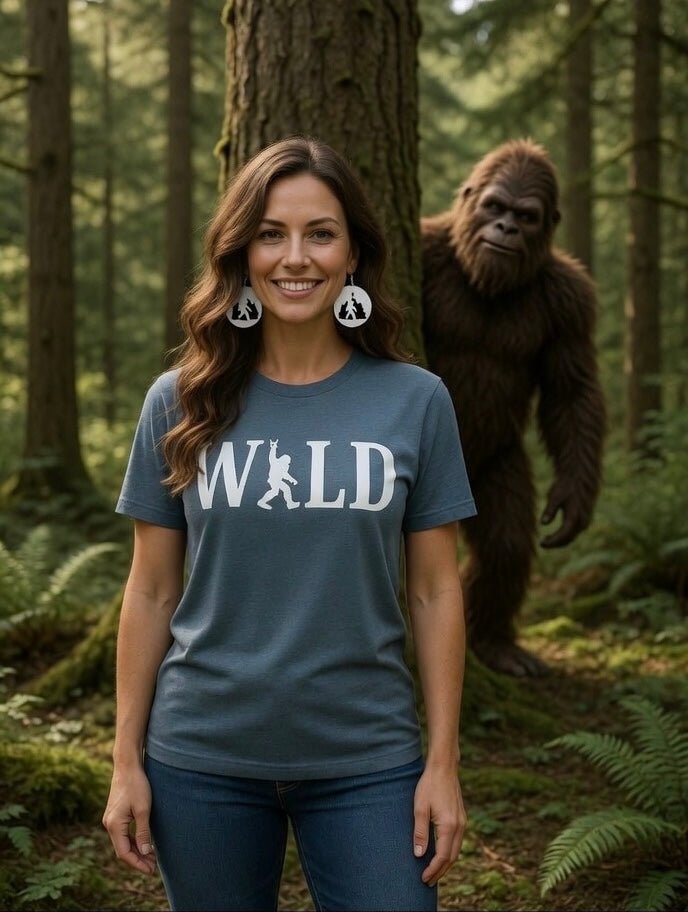 Unisex fit Wild Bigfoot graphic T-shirt by 208 Tees, featuring a large Bigfoot illustration on slate-colored fabric.