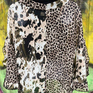AMOLI brand. Sheer chiffon fabric with leopard and splotched color block design with sliced ruffled sleeves. S, M, L. $38