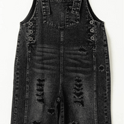 Light blue denim distressed bib pocket overalls by PRETTY BASH, featuring adjustable straps and front chest pockets.
