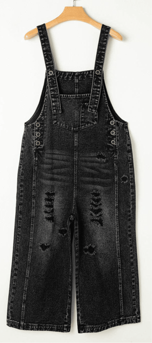 Light blue denim distressed bib pocket overalls by PRETTY BASH, featuring adjustable straps and front chest pockets.