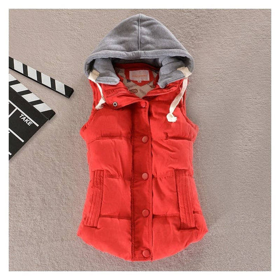 Plush Looks hooded drawstring vest with front pockets, lightweight fabric, and adjustable hood for casual outdoor wear.