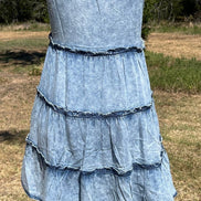 Vanilla Monkey brand. This denim sundress is lightweight, washed denim with ruffle detail and tiered design. S, M, L, XL. $38
