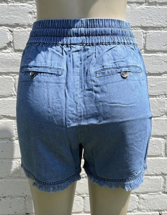 Light blue chambray shorts by 42POPS featuring a casual fit and frayed hems, perfect for summer wear.