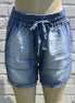 Blue chambray shorts by 42POPS, featuring a casual fit with frayed hems and pockets for a relaxed summer look.