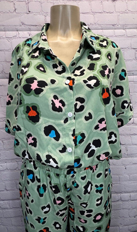 Leopard print shirt and wide-leg pants set by Aapparella, featuring stylish animal print fabric and comfortable fit.