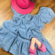 Shopin LA brand. This lightweight denim dress has elastic neckline and sleeves, tiered skirt and side pockets.