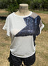Vanilla Monkey brand. Beige knit top w/ large black sequined star & leopard print shoulder accent with short banded sleeves.