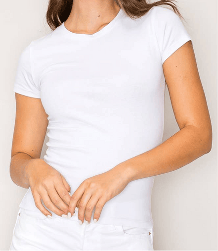Popular 21 classic crew neck short sleeve tee top, white cotton fabric, simple casual style, front view showing neckline and sleeves.
