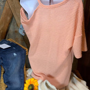 Lovely J brand. Blush waffle knit off the shoulder contrast with blue leopard print. S, M, L $25