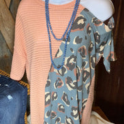 Lovely J brand. Blush waffle knit off the shoulder contrast with blue leopard print. S, M, L $25