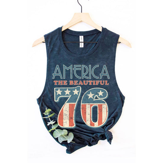 HRTandLUV America 76 graphic tank top with bold print, sleeveless design, lightweight fabric, perfect for casual summer wear