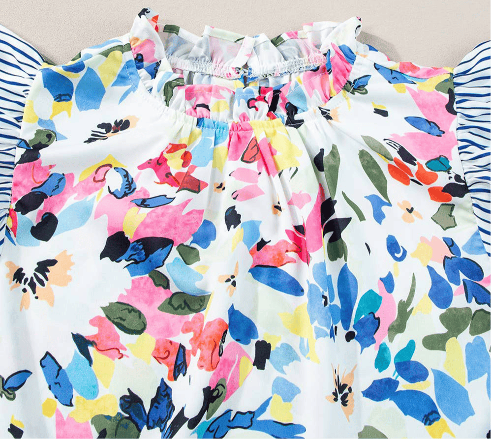 Floral Print Striped Ruffled Sleeve Blouse - OG Gilmore Girl