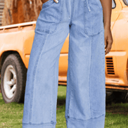 Fashion-W Drawstring Seam Detail Raw Hem Denim Pants*4-16