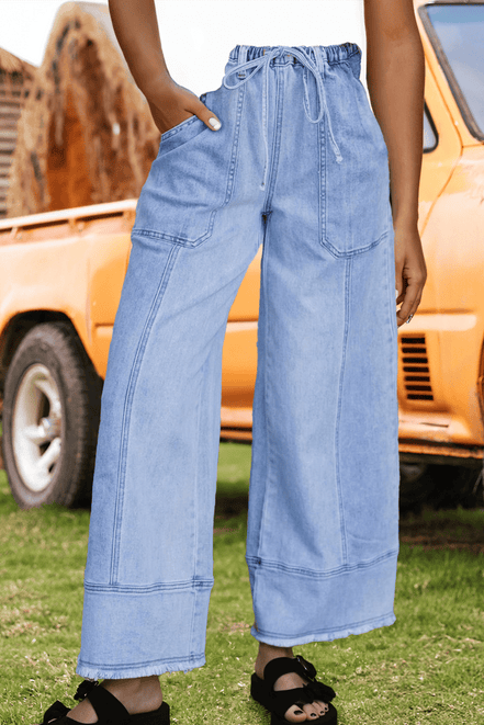 Fashion-W Drawstring Seam Detail Raw Hem Denim Pants*4-16