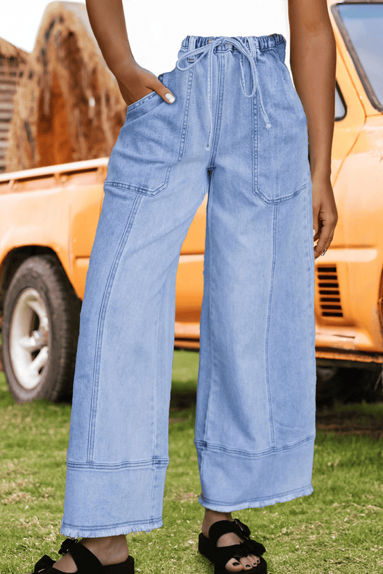 Fashion-W Drawstring Seam Detail Raw Hem Denim Pants*4-16