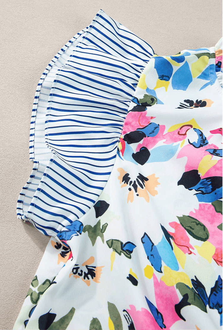 Floral Print Striped Ruffled Sleeve Blouse - OG Gilmore Girl