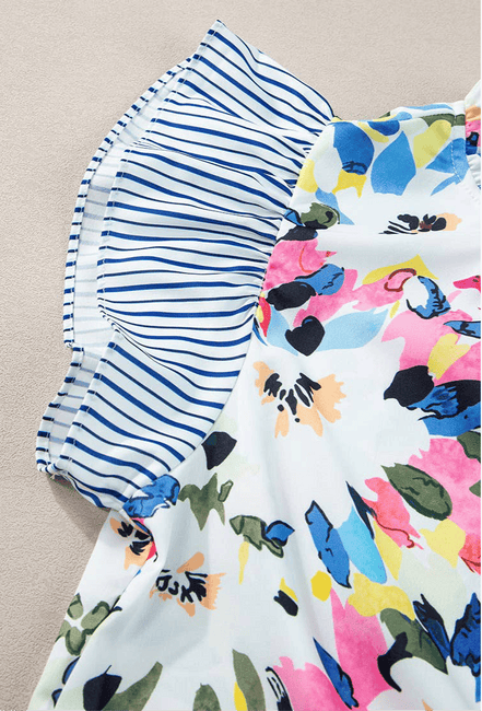 Floral Print Striped Ruffled Sleeve Blouse - OG Gilmore Girl
