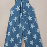 Apairella star print button strap denim overalls featuring adjustable shoulder straps and front pockets on light blue denim.