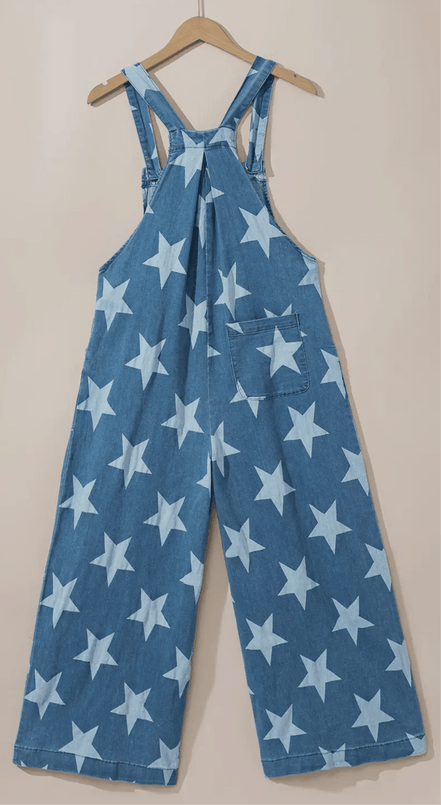 Apairella star print button strap denim overalls featuring adjustable shoulder straps and front pockets on light blue denim.