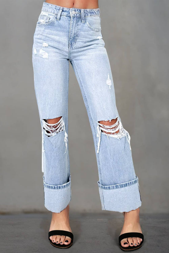 Light Wash Distressed Straight Leg Flare Jeans - the Boujee Sunflower