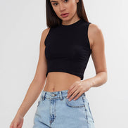 Women's cropped cotton tank top by VAV NEW YORK featuring a crew neck, basic design, and sleeveless style.