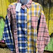 AEMI & CO brand. Multicolored plaid flannel button down with front pocket. Pink, blue, yellow. S, M, L $28