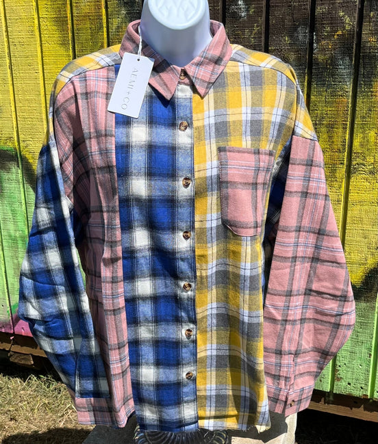 AEMI & CO brand. Multicolored plaid flannel button down with front pocket. Pink, blue, yellow. S, M, L $28