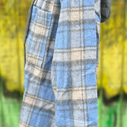 ePretty brand. Light blue, cream and gray plaid flannel button down shacket with front pocket drawstring hoodie.