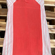 Color block blouse w/ solid, stripes, & plaid multicolored prints in deep coral, mustard & white textured design.
