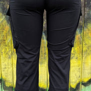 ADORA LA brand. These black cargo pants feature a low rise, straight fit with an adjustable D-ring waist detail. S, M, L $48