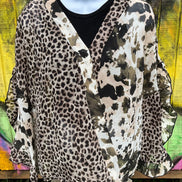 AMOLI brand. Sheer chiffon fabric with leopard and splotched color block design with sliced ruffled sleeves. S, M, L. $38