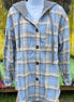 ePretty brand. Light blue, cream and gray plaid flannel button down shacket with front pocket drawstring hoodie.