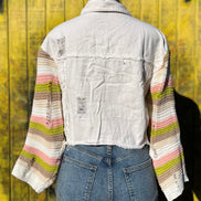 Bellissima Fashion denim patchwork jacket featuring mixed fabric patches and classic denim styling on a casual outerwear piece.