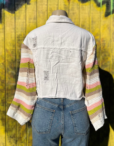 Bellissima Fashion denim patchwork jacket featuring mixed fabric patches and classic denim styling on a casual outerwear piece.