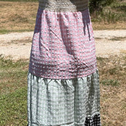 Vanilla Monkey. Midi dress w/ tie shoulders in beige, pink, sage, black & white color blocking, puckered, checkered  fabric.