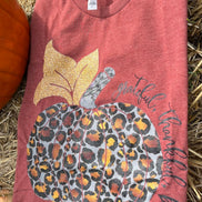 Wandering Owl Designs brand. Grateful, Thankful, Blessed leopard pumpkin with gold leaf tee. S, M, L, XL, 2XL. $25