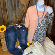 Lovely J brand. Blush waffle knit off the shoulder contrast with blue leopard print. S, M, L $25