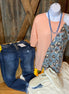 Lovely J brand. Blush waffle knit off the shoulder contrast with blue leopard print. S, M, L $25