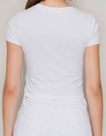 Popular 21 crew neck short sleeve cotton crop top shown in a casual fit with light fabric and clean design.